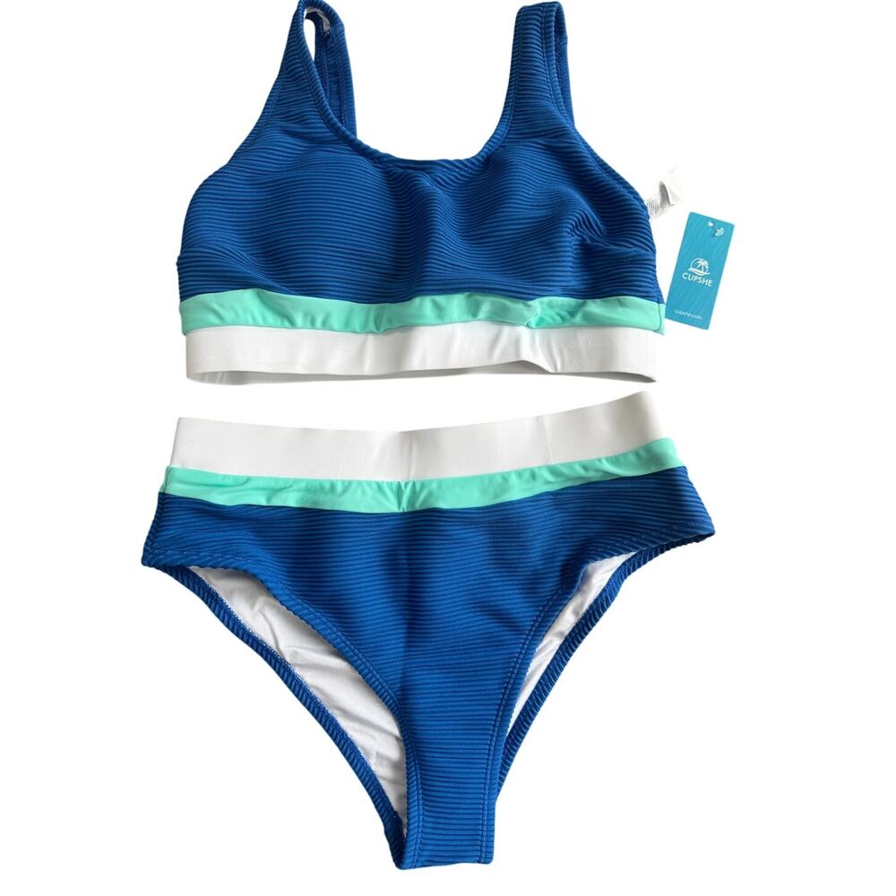 Cupshe Blue Ribbed Bikini Set Medium Colorblock High Waisted NWT